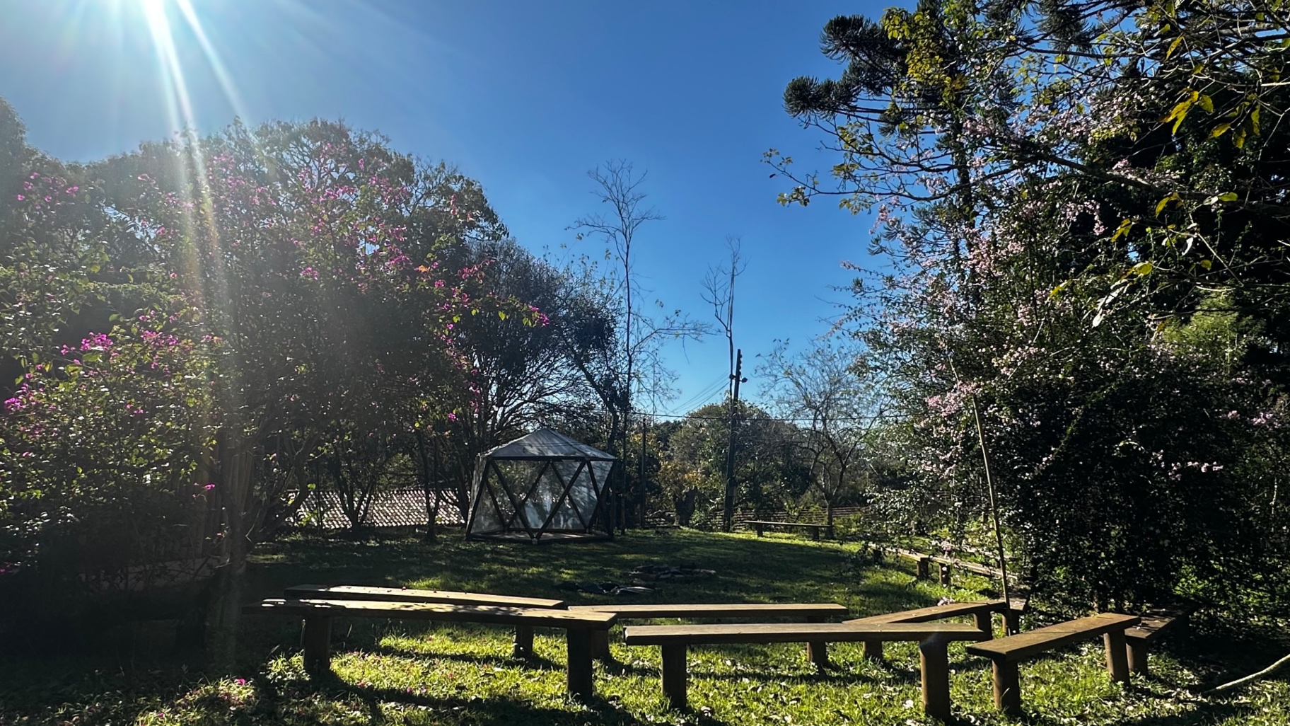 Jardim com bancos e domo